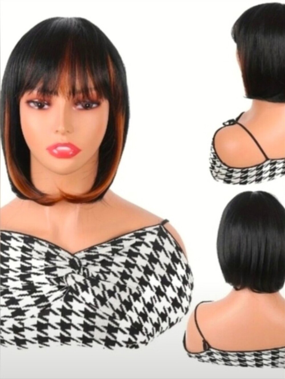 12" Peek-A-Boo Two-Tone Bob Black Highlights Synthetic Hair Wig With Bang